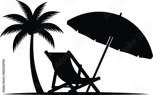 Tropical beach vacation silhouette, palm tree deck chair umbrella scene, summer holiday travel concept, relaxation seaside vector illustration