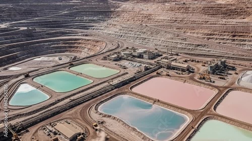 Aerial view of a vast open-pit mine with colorful tailings ponds.