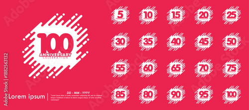 Set of white anniversary celebration isolated with diagonal rounded lines geometric shape on pink background. vector illustration template design