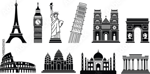 Collection of black famous world landmark silhouettes including Eiffel Tower, Statue of Liberty, Big Ben, Taj Mahal, Colosseum, isolated vectors