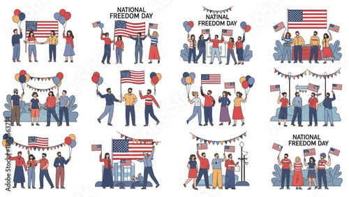 Vector illustrations of diverse people celebrating National Freedom Day with American flags and balloons on a white background.