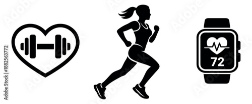 Modern fitness icon set featuring a running woman, a heart with a dumbbell, and a smartwatch for health and wellness