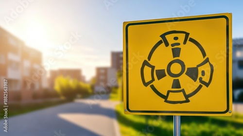 Yellow warning sign with a biohazard symbol displayed outdoors near a blurred cityscape under bright sunlight
