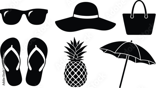 Black summer beach icon set with sunglasses, hat, bag, flip flops, pineapple and umbrella, minimalist vector silhouettes isolated on white