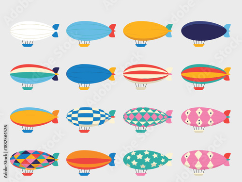 Collection of Colorful Vintage Blimps and Zeppelins Vector Illustration Featuring Various Patterns and Designs Isolated on Light Gray Background for Art