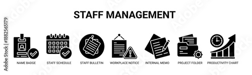 Staff Management web banner icon vector illustration concept with icons of name badge, staff schedule, staff bulletin, workplace notice, internal memo, project folder, productivity chart.
