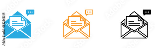 Communication icons set including envelopes and speech bubbles in a flat design style