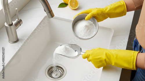 Pouring baking soda into kitchen sink drain for cleaning and freshening | Natural home remedy for unclogging disposal | Person in yellow gloves scrubbing modern white sink 