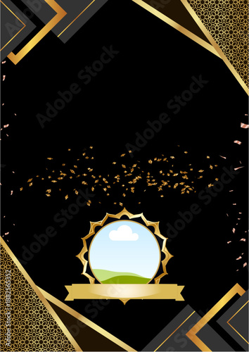 Modern black and gold abstract background with decorative accents and emblem space. Ideal for awards, achievements, certificates, events, and luxury promotions.