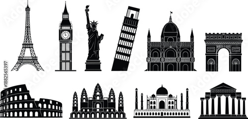 Collection of vector silhouettes depicting famous landmarks such as Eiffel Tower, Big Ben, Statue of Liberty, Colosseum, and Taj Mahal