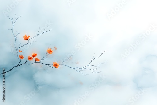 Delicate Orange Flowers on Bare Branches Against Soft Ethereal Background