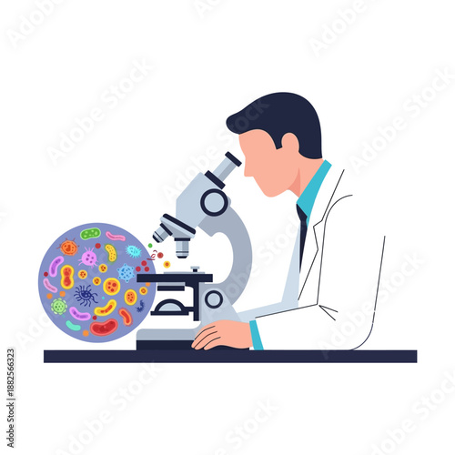 Scientist examining colorful bacteria and microorganisms under a microscope