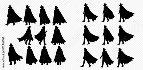Set of mysterious cloaked figures in various walking and standing poses, silhouetted against a transparent background.