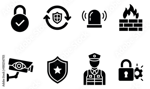 Glyph security and protection icons set featuring locks, shields, a surveillance camera, and a security guard for cybersecurity applications