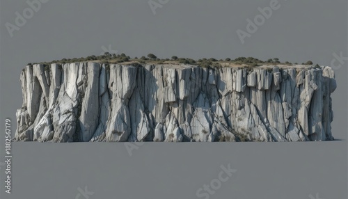 Jagged grey cliff face with sparse green vegetation on