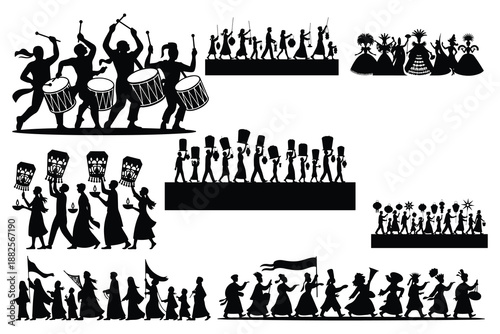 Black silhouettes of people marching with drums and lanterns