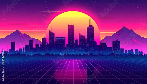 A futuristic cityscape at sunset