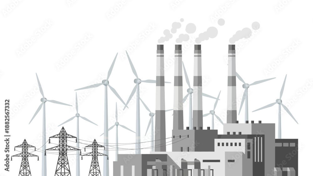 Obraz premium A grayscale illustration of a modern industrial landscape featuring wind turbines, power lines, and a factory with smoking chimneys, symbolizing renewable energy and industry