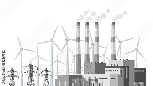A grayscale illustration of a modern industrial landscape featuring wind turbines, power lines, and a factory with smoking chimneys, symbolizing renewable energy and industry