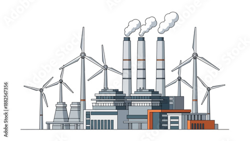Renewable energy power plant with wind turbines and factory chimneys releasing smoke, illustrating industrial power generation and environmental impact