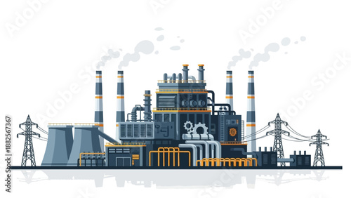 Industrial factory with cooling towers, chimneys emitting smoke, and transmission towers, representing heavy industry and energy production