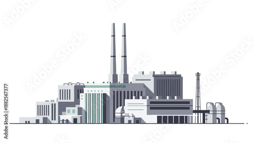 Industrial Power Plant with Tall Smokestacks and Complex Structures, Representing Energy Production and Manufacturing Facility