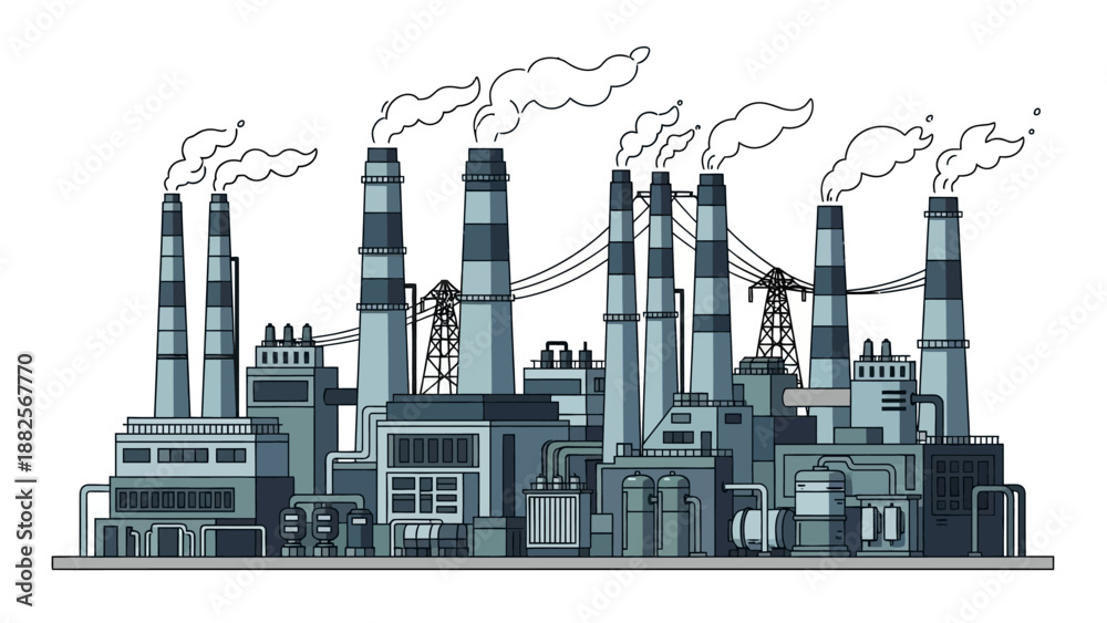 Obraz premium Industrial factory with smoking chimneys, representing manufacturing and pollution in a complex industrial zone, illustrating the impact of industry