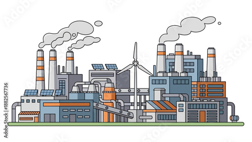 Industrial landscape with factories, solar panels, and wind turbines, representing manufacturing and renewable energy production