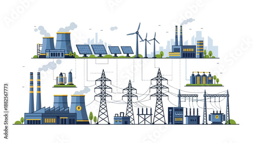 Modern Power Generation and Distribution Systems A Visual Representation of Renewable and Traditional Energy Sources