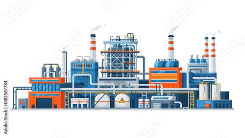 Modern industrial factory with multiple chimneys emitting smoke, representing manufacturing and production processes