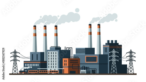 Industrial power plant with smoking chimneys and transmission towers, representing energy production and industry