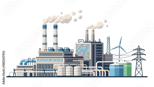 Modern industrial complex with smoking chimneys, wind turbine, and power lines, symbolizing energy production and manufacturing
