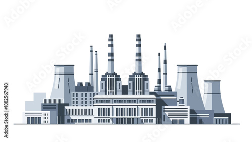 Modern industrial power plant with multiple cooling towers and tall chimneys symbolizing energy generation and manufacturing