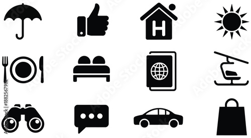 Travel and tourism icons illustrating transportation lodging accommodation navigation and vacation planning concepts