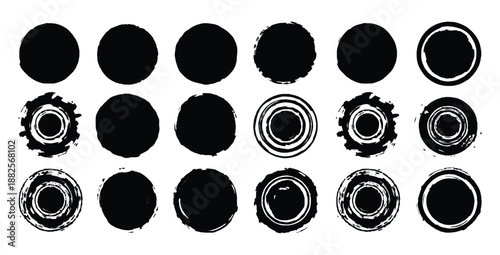 Collection of eighteen black circular grunge stamp textures offering various distressed outlines and solid fills for design projects