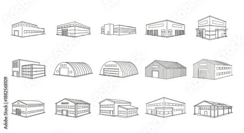 Diverse Collection of Hand-Drawn Industrial Building Illustrations Factories, Warehouses, and Storage Facilities in Various Architectural Styles for Commercial and Production Design Projects