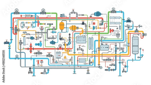 Industrial process diagram illustrating complex fluid and gas distribution system with various components and connections