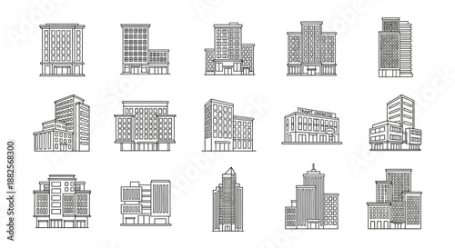 Diverse Collection of Modern and Classic Line Art Buildings for Urban Design Projects, Cityscape Illustrations, and Architectural Concepts