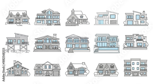 A comprehensive collection of diverse residential house designs and modern home architecture illustrations, showcasing various building styles for suburban and urban living concepts