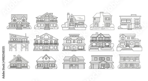 Diverse collection of line art illustrations depicting residential architectural styles, perfect for real estate, urban planning, and home design visuals