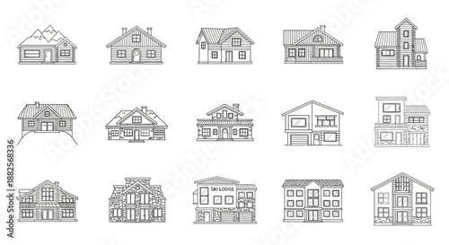 Comprehensive collection of minimalist line art house illustrations, featuring a variety of residential architectural designs for modern living and traditional home concepts