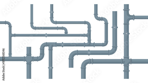 Seamless plumbing network illustration with intersecting pipes and joints, depicting industrial or domestic systems
