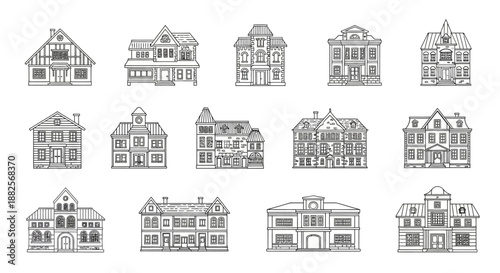 A diverse collection of detailed house illustrations, showcasing various architectural styles from classic mansions to quaint residential homes in black and white line art, ideal for design projects