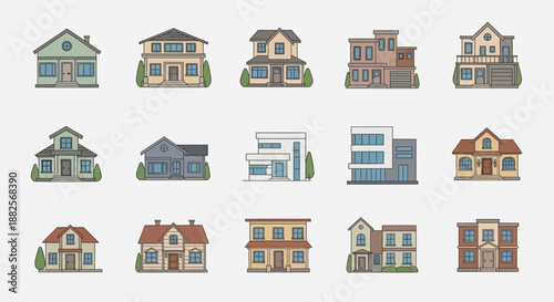 Variety of illustrated house designs, featuring distinct architectural styles for modern and traditional residential buildings, ideal for real estate concept designs
