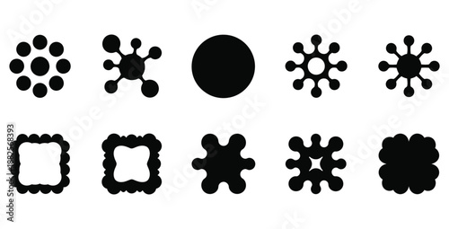 Collection of ten distinct black abstract organic geometric shapes demonstrating various stylized circular molecule structure variations and rounded frame designs on white