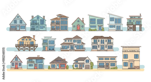 A charming collection of diverse residential architecture styles, featuring modern, traditional, and coastal house designs in a vibrant, clean illustration style perfect for various design projects