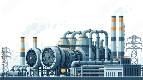 Industrial power plant generating electricity with turbines and smokestacks, clean energy concept