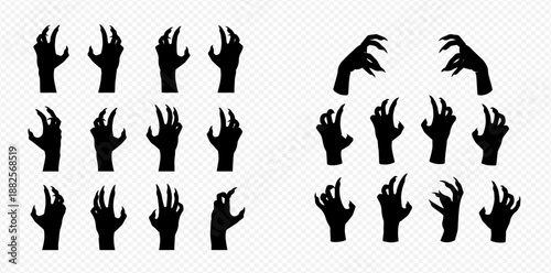 Set of creepy monster hands, zombie or demon silhouettes with sharp claws, isolated on a transparent background, perfect for Halloween designs.