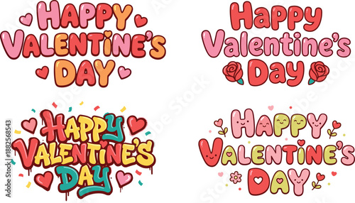 Happy Valentines Day cute cartoon typography set with colorful bubble letters hearts roses and playful romantic illustrations