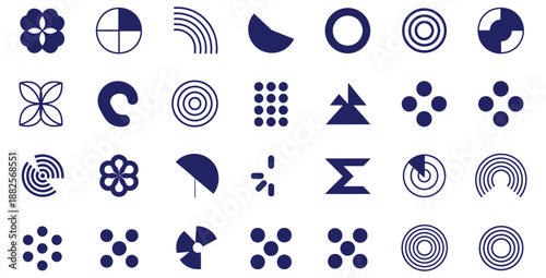 Collection of abstract minimalist geometric shapes and modern icons featuring circles curves dots and simple stylized elements in deep indigo blue